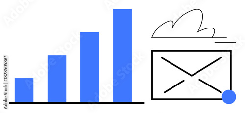 Bar graph rising in four levels next to an email envelope with a cloud, symbolizing progress, communication, and digital connection. Ideal for business growth, analytics, strategy, technology, email