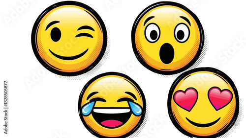 Expressive yellow emoji collection showcasing diverse emotions like winking, surprise, laughter, and love, perfect for digital communication and social media designs