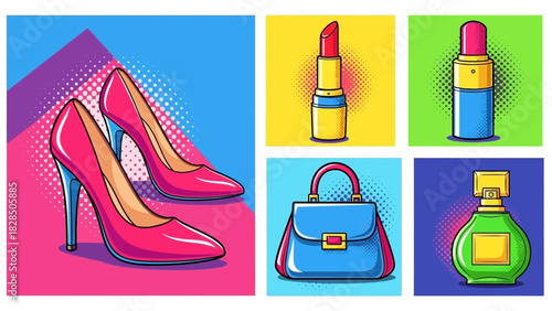 Chic pop art collection featuring stylish high heels, vibrant lipstick, a classic handbag, and elegant perfume bottle, perfect for fashion & beauty projects
