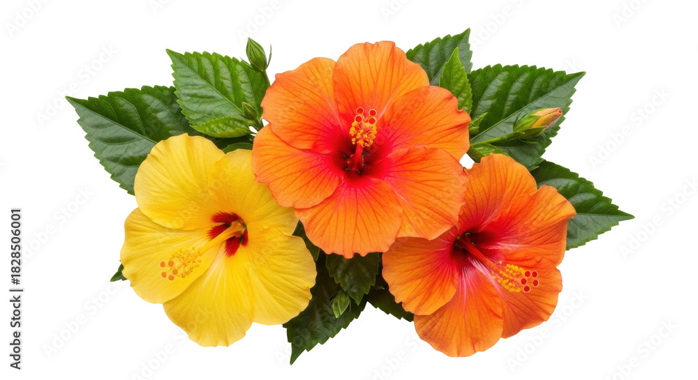 Obraz premium Isolated Bouquet of Hibiscus Flowers in Yellow and Orange, Beautiful Bright Tropical Flora