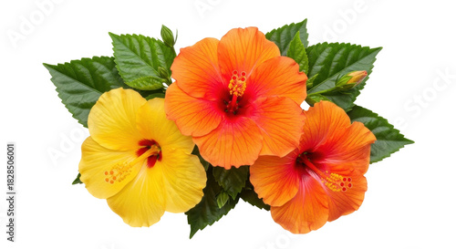 Isolated Bouquet of Hibiscus Flowers in Yellow and Orange, Beautiful Bright Tropical Flora