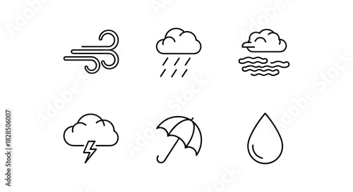 Weather icons set: wind, rain, cloud, storm, umbrella, drop in linear style