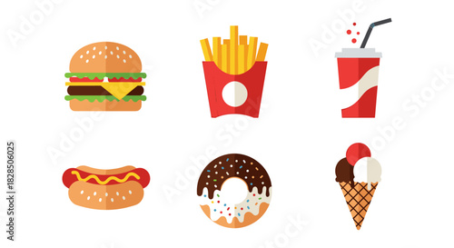 Flat fast food icons: burger, fries, drink, hot dog, donut, ice cream