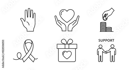 Charity and support icons in linear style for fundraising and awareness