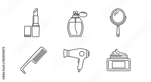 Beauty and grooming essentials: outline icons of makeup, fragrance, and hair care tools