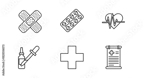 Minimalist set of medical icons featuring patches, capsules, heartbeat, medicine dropper, cross, prescription