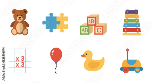 Colorful set of classic children's toys in flat design style