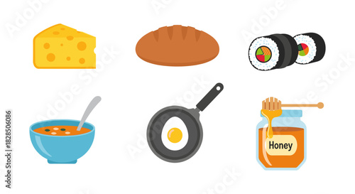 Colorful food icons set: cheese, bread, sushi, soup, fried egg, honey