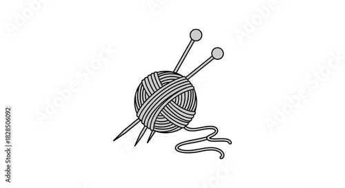 Minimalist yarn ball with knitting needles on white background