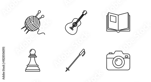 Simple line art of hobby and leisure icons including guitar, book, chess, and camera