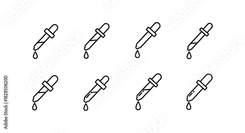 Seamless pattern of linear pipette icons with droplets on white background