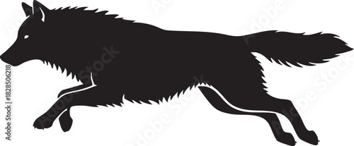 Dynamic black silhouette of a running wolf isolated on transparent background silhouette