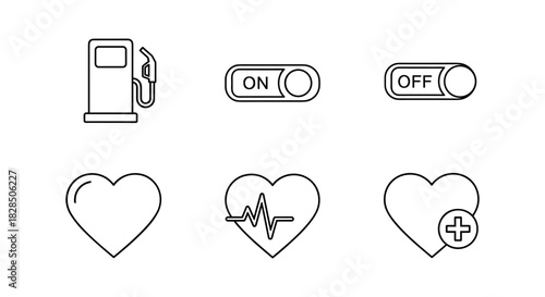 Minimalist line art icons of fuel pump, toggle switches, and heart symbols
