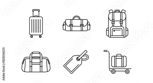 Minimalist travel icons set featuring luggage, backpack, and tag designs