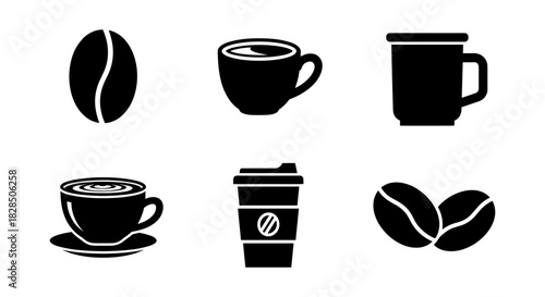 Set of coffee cup and bean icons in black silhouette style