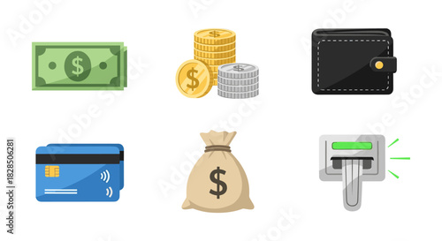 Financial icons set: cash, coins, wallet, card, money bag, and atm