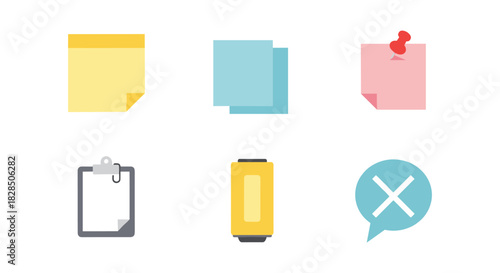 Colorful collection of office sticky notes and stationery icons for projects
