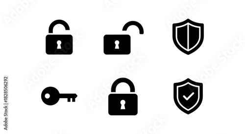 Lock and security icons set: padlock, key, shield symbols in silhouette style