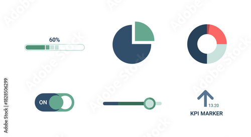 Minimalist infographic elements with progress bars and pie charts for data visualization