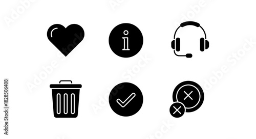 Essential black icons set for user interface design: heart, info, headset, trash, check, cancel