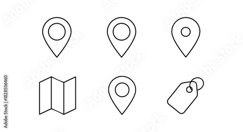 Minimalist icon set: map marker, location pin, and tag design