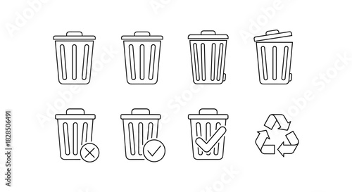 Minimalist trash bin and recycling icon set for eco-friendly design projects