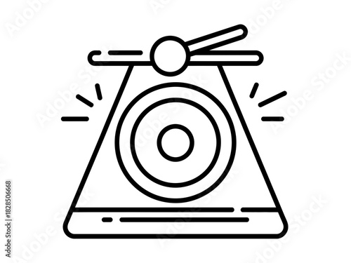 Illustration of a gong with mallet on stand in black and white line