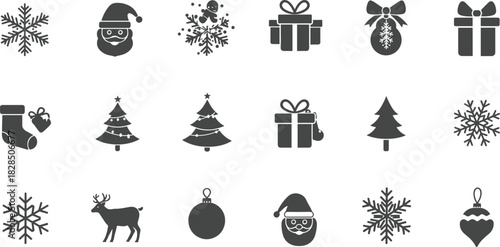Dark Gray Christmas Icons Set, Festive Gift Boxes, Snowflakes, Santa Claus Faces, Reindeer and Tree Silhouette, Holiday Season Vector Design Elements.