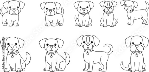 Cute Puppy Outline Icons Set, Cartoon Style Young Dogs in Different Poses, Kawaii Pet Animals, Black and White Vector Illustration Collection for Kids.
