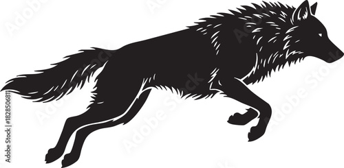Dynamic black wolf silhouette in mid leap isolated on transparent background