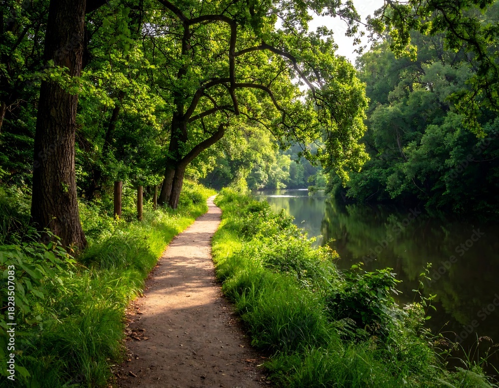Naklejka premium Sunny path beside a still river under verdant, leafy trees