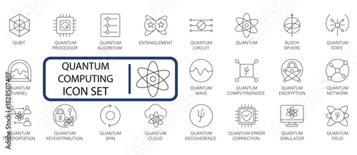 Quantum Computing Line Icon Set. Qubit, Entanglement, Quantum Processor, Algorithm, Circuit, Simulation, Error Correction, and Key Distribution.