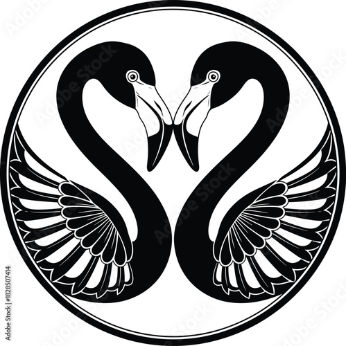 Fototapeta Naklejka Na Ścianę i Meble -  Black and white swans in love circle illustration vector art design eps silhouette