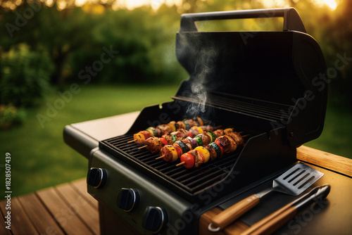 Close-up of juicy steaks cooking on a barbecue grill over open flames at night, with smoke rising in the dark background. Perfect for food, cooking, outdoor, and summer lifestyle concepts