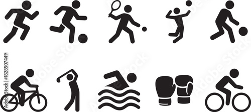 Sport icon set in silhouette style featuring multiple athletic symbols on white background.