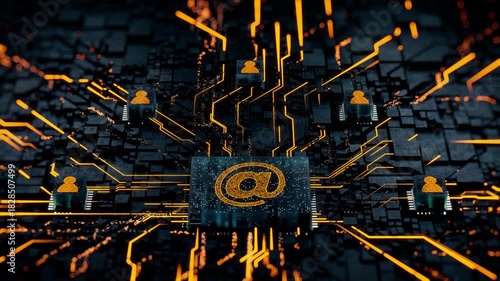 Email Technology Concept with @ symbol on a Microchip. Orange Neon Data flows between Users and the CPU across a Futuristic Motherboard. Seamless Loop.
