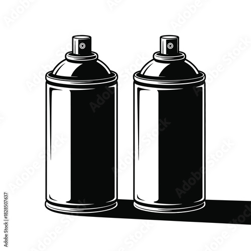 Two black spray paint cans stand side by side with a shadow.