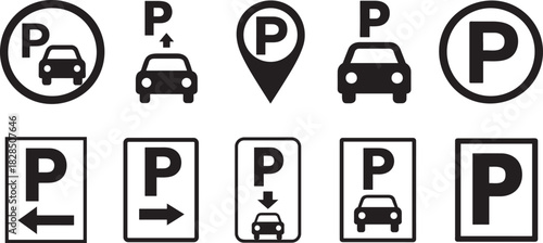 Parking icon set in silhouette style featuring signs and symbols on a clean white background.