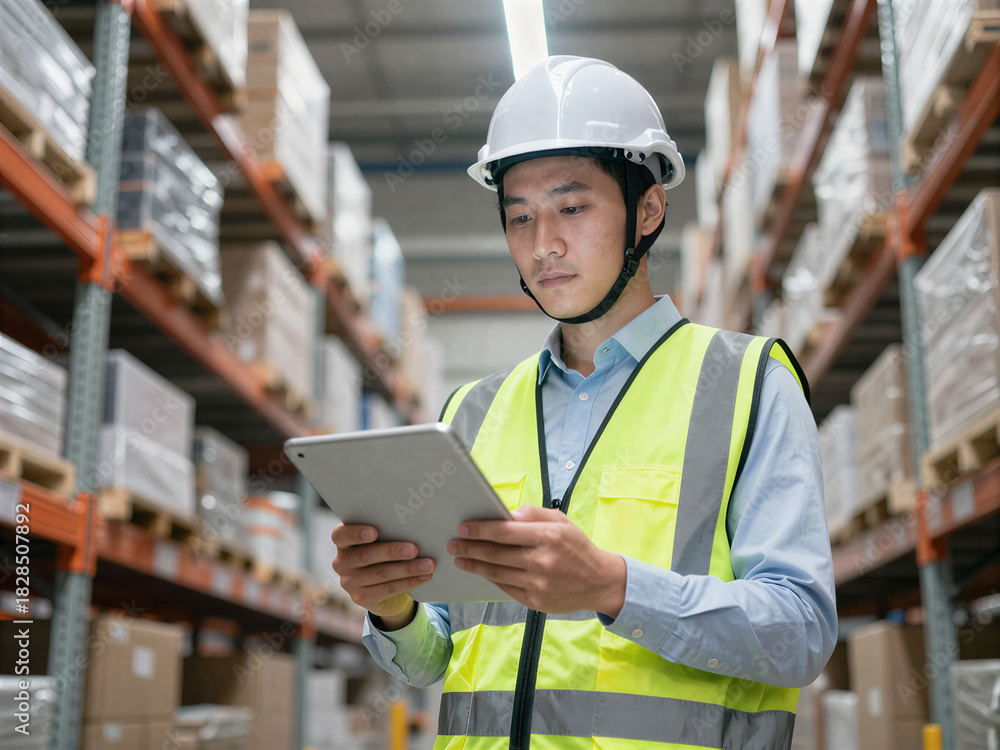 Fototapeta premium Warehouse worker using a digital tablet for inventory management