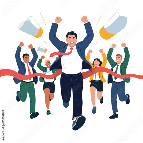 A diverse group of business people celebrate crossing the finish line in a race