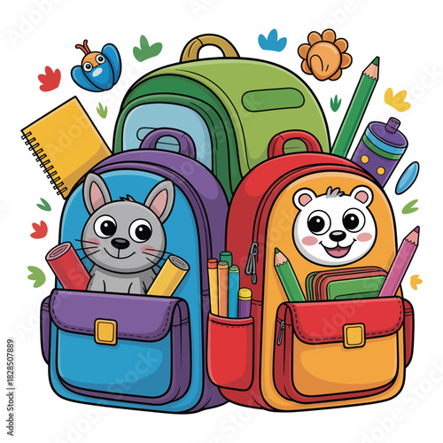 Brightly colored backpacks with cartoon animal faces are filled with school supplies.