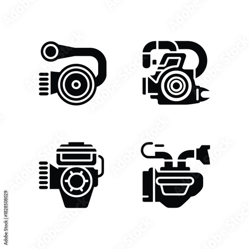 A set of four black and white icons representing different engine components.