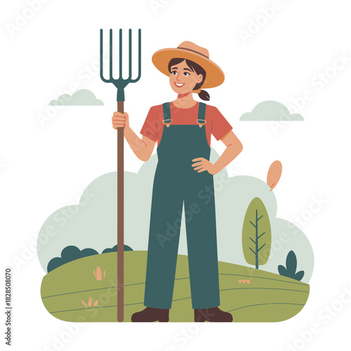A farmer in overalls and a straw hat holds a pitchfork while standing in a field.