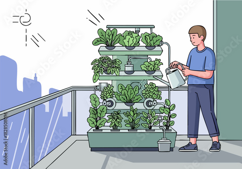 A man waters a vertical garden on a balcony, with leafy greens growing in a multi-tiered system under the sun, overlooking a cityscape.