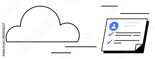 Cloud and digital document featuring user profile icon and checklist. Ideal for data sharing, storage, organization, productivity tools, user authentication, digital workflow, simple flat metaphor