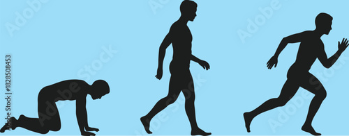 silhouettes of human figures showing progressive movement stages from crawling, standing, walking, to running, vector design isolated on white background, suitable for biology, exercise, and motion.