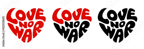 Heart-shaped sticker set featuring "Love no war" in colorful and black design