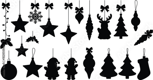 Extensive set of black Christmas hanging ornament silhouettes, vector collection featuring stars, Santa, deer, tree, stocking, icicle shapes, snowflakes, and bows, holiday decoration elements.
