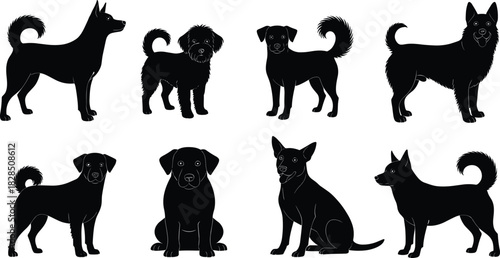 Eight Black Dog Silhouettes Set, Various Breeds and Poses, Standing, Sitting, and Puppy Pet Animals, Vector Illustration Collection for Veterinarian or Adoption.