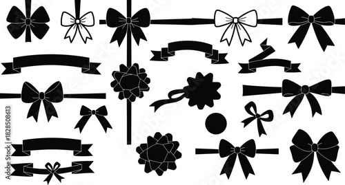 Elegant Black Silhouette Bows and Ribbons Vector Set, Assortment of Decorative Gift Wrap Elements, Various Styles Knots Banner Tapes Outline Solid Graphics Clipart Isolated Collection, Celebratory.